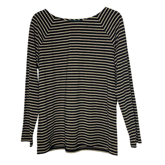 Lauren Ralph Lauren Metallic Stripe Boat Neck Top Black Gold Sz 1X Stretch Thick - Picture 1 of 5